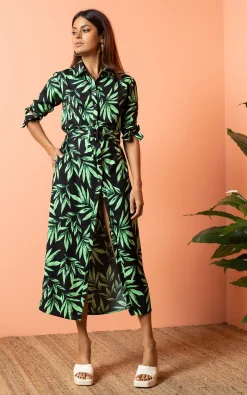 Alva Midi Shirt Dress In Tropic Green On Black