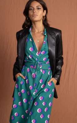Alva Midi Shirt Dress In Polka Dot Purple On Green