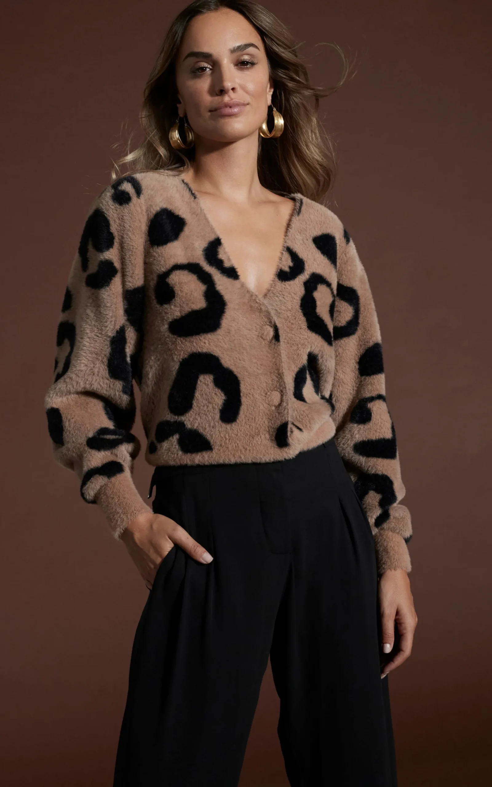 Bambino Cardigan In Black On Mocha Leopard