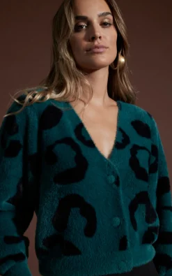 Bambino Cardigan In Black On Forest Green Leopard