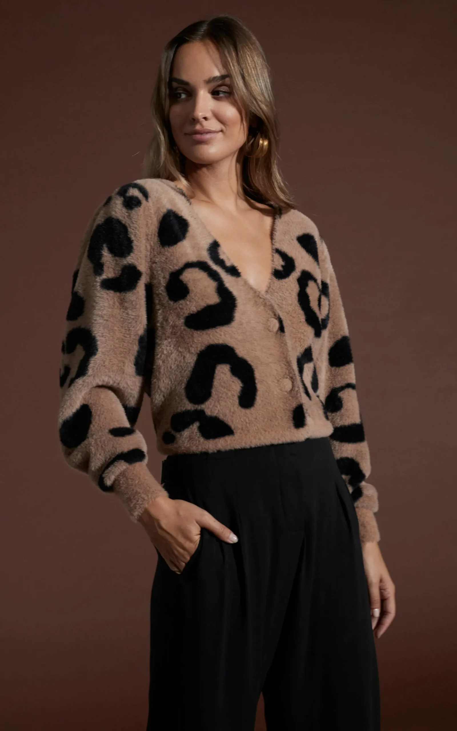 Bambino Cardigan In Black On Mocha Leopard