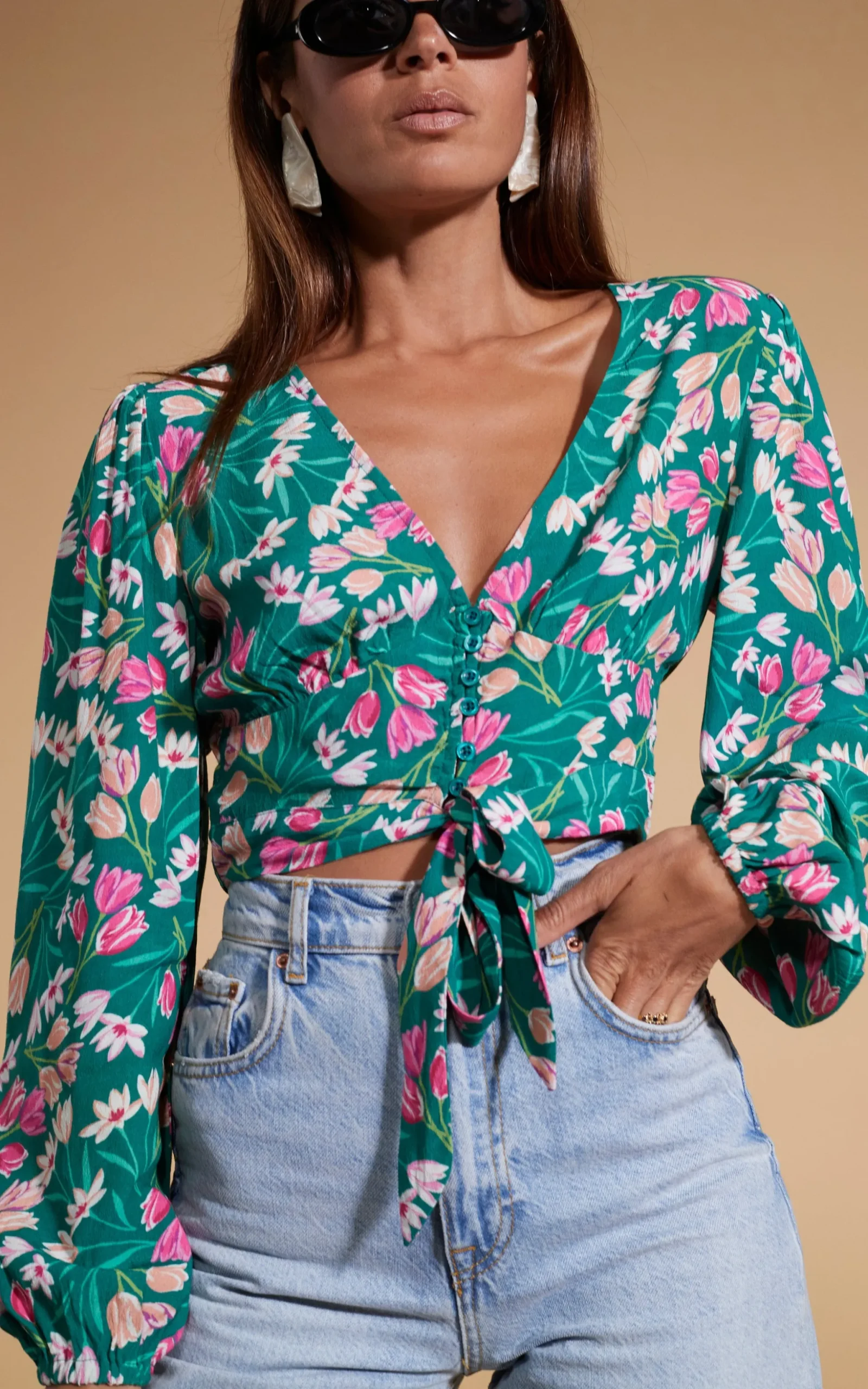 Betsy Tie Front Top In Green Tulip