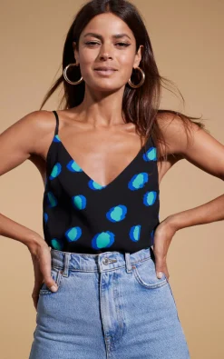 Birdie Cami Top In Polka Dot Blue On Black