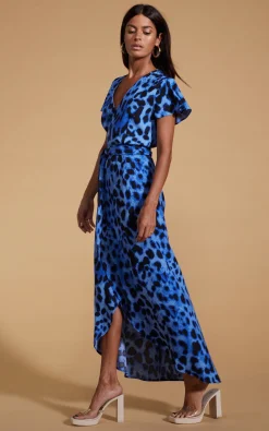 Cayenne Wrap Dress In Bright Blue Leopard