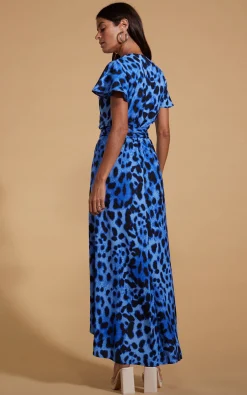 Cayenne Wrap Dress In Bright Blue Leopard