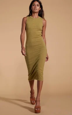 Cleo Pointelle Midi Dress In Khaki