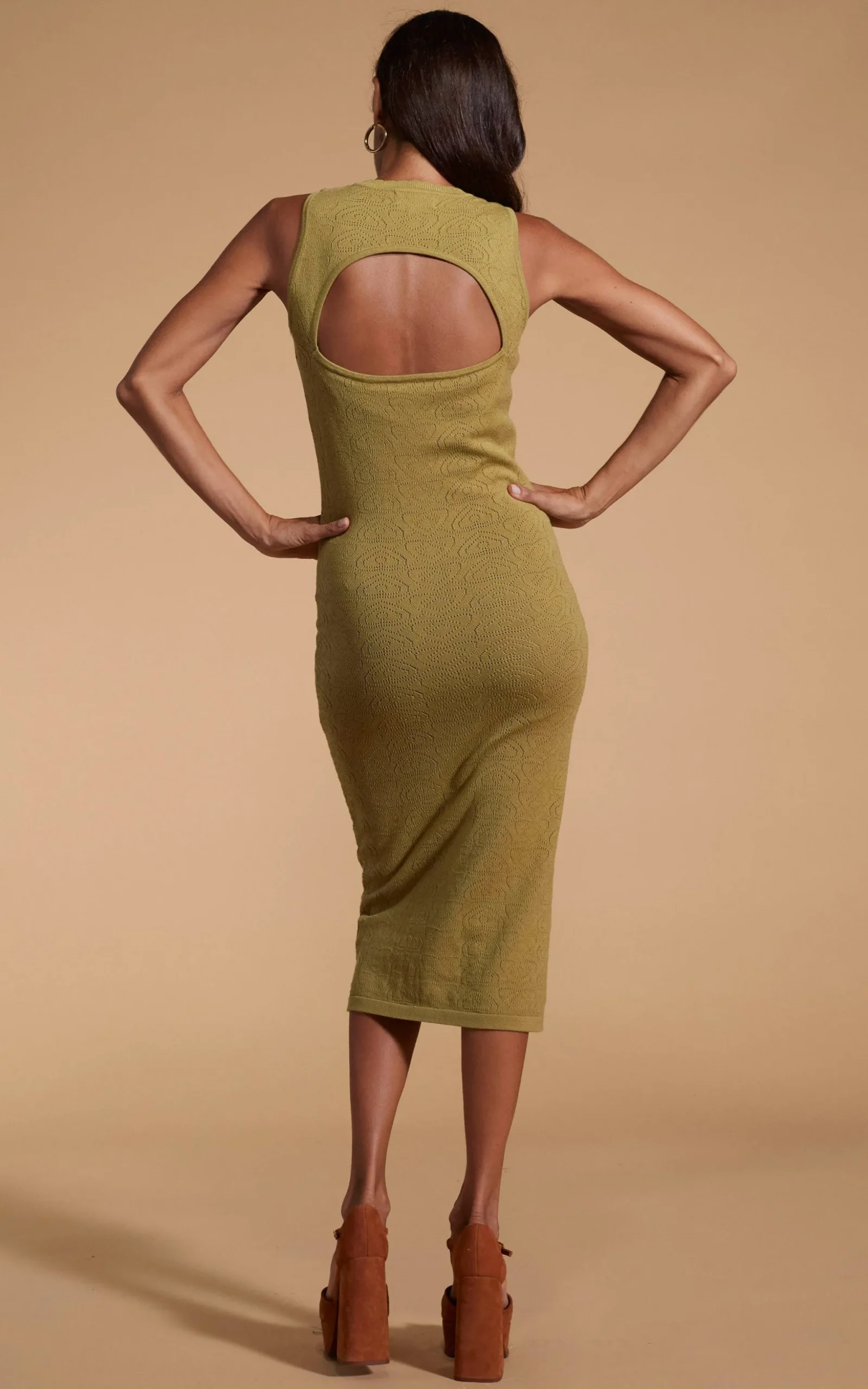 Cleo Pointelle Midi Dress In Khaki