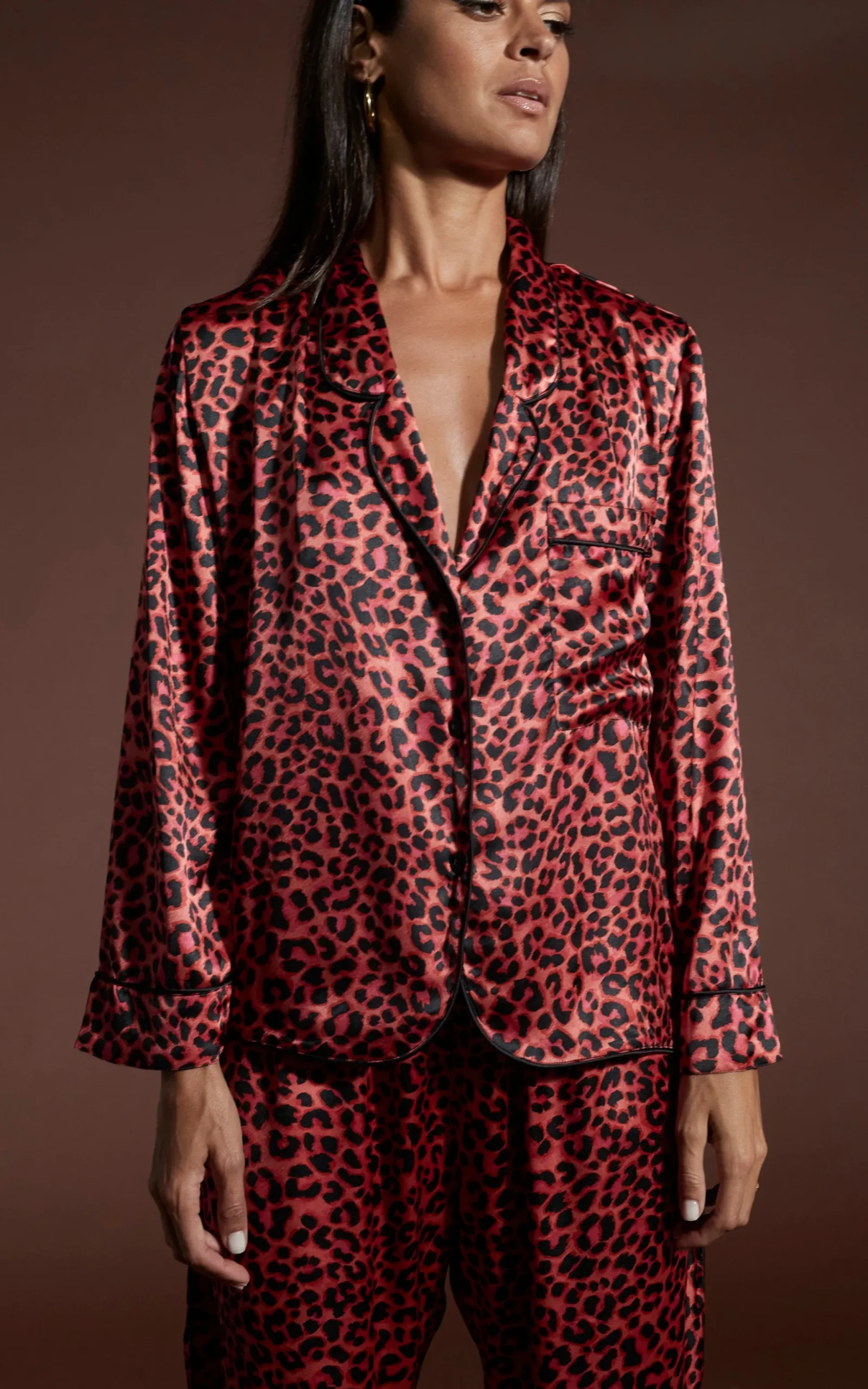 Cosmos Satin Long Leg Pj Set In Ruby Red Leopard