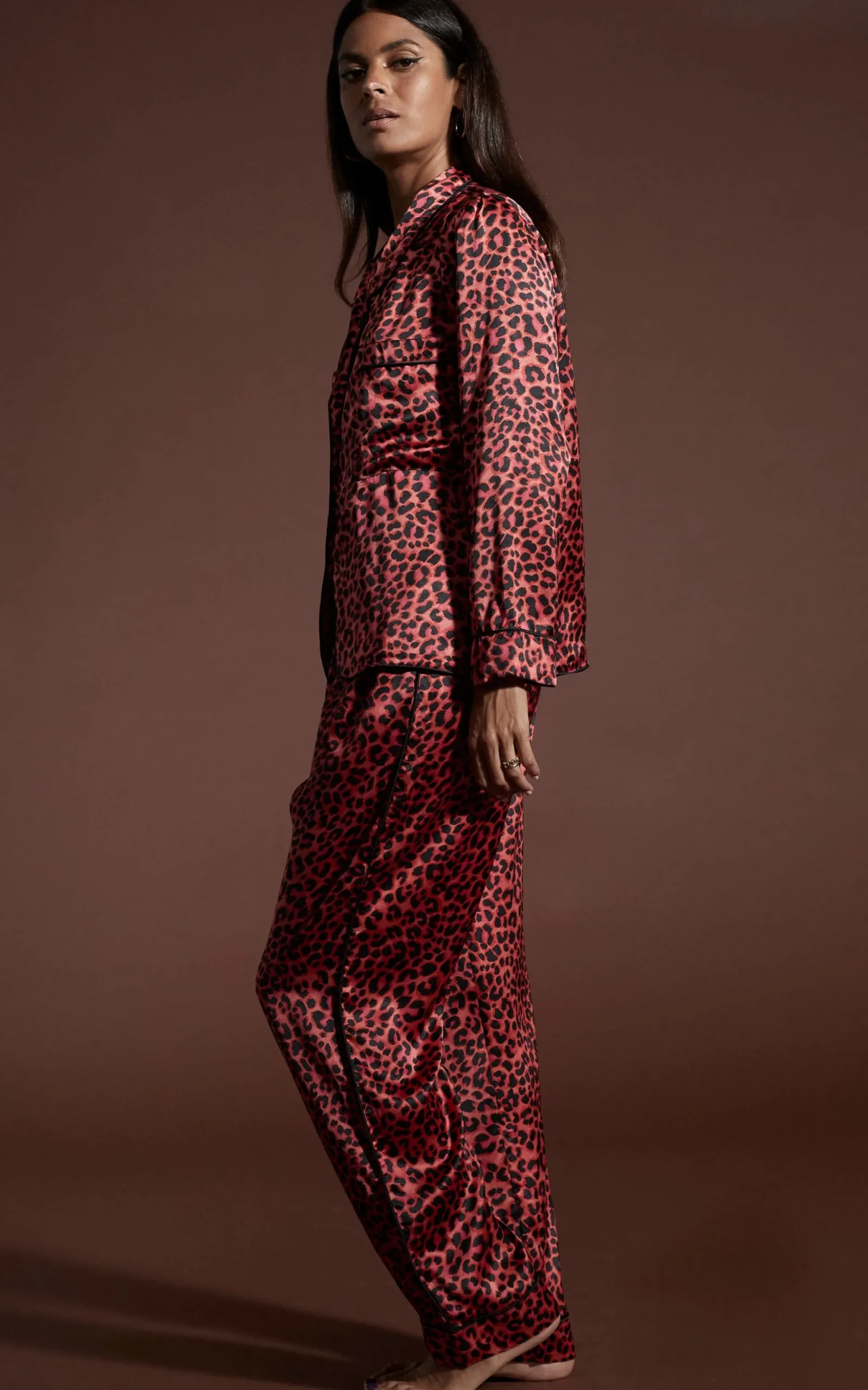 Cosmos Satin Long Leg Pj Set In Ruby Red Leopard