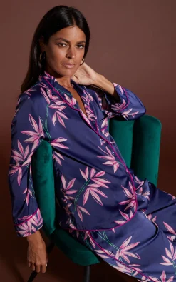 Cosmos Satin Long Leg Pj Set In Bamboo Navy Base