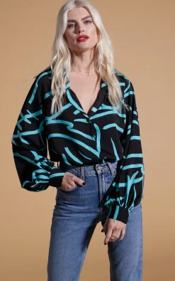 Dixie Balloon Sleeve Shirt In Blue Strokes On Black