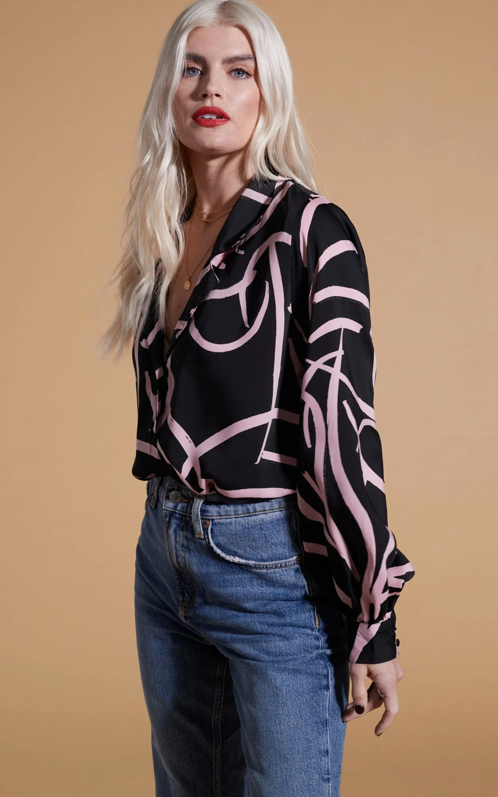 Dixie Balloon Sleeve Shirt In Pink Strokes On Black