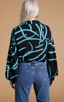 Dixie Balloon Sleeve Shirt In Blue Strokes On Black