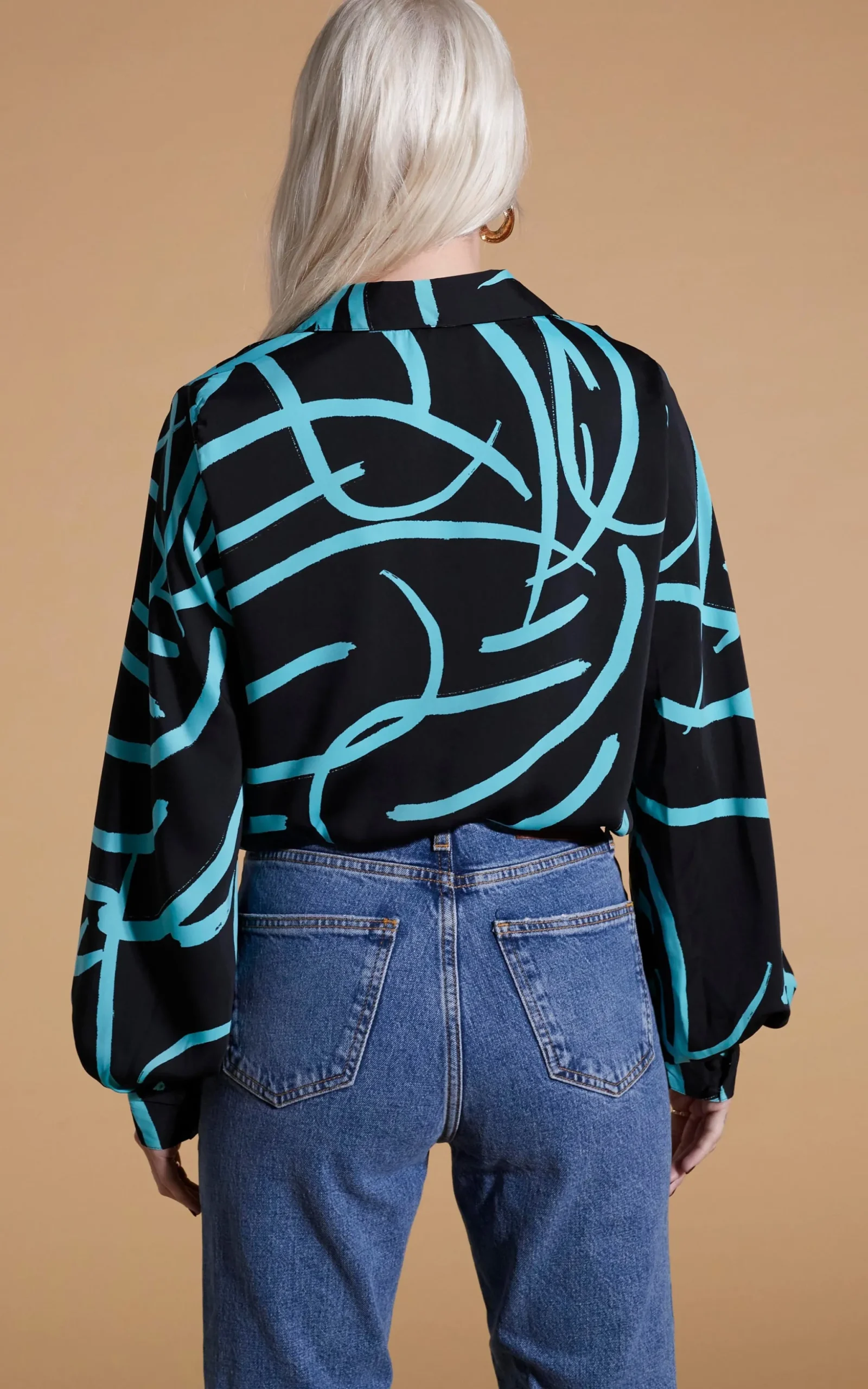 Dixie Balloon Sleeve Shirt In Blue Strokes On Black