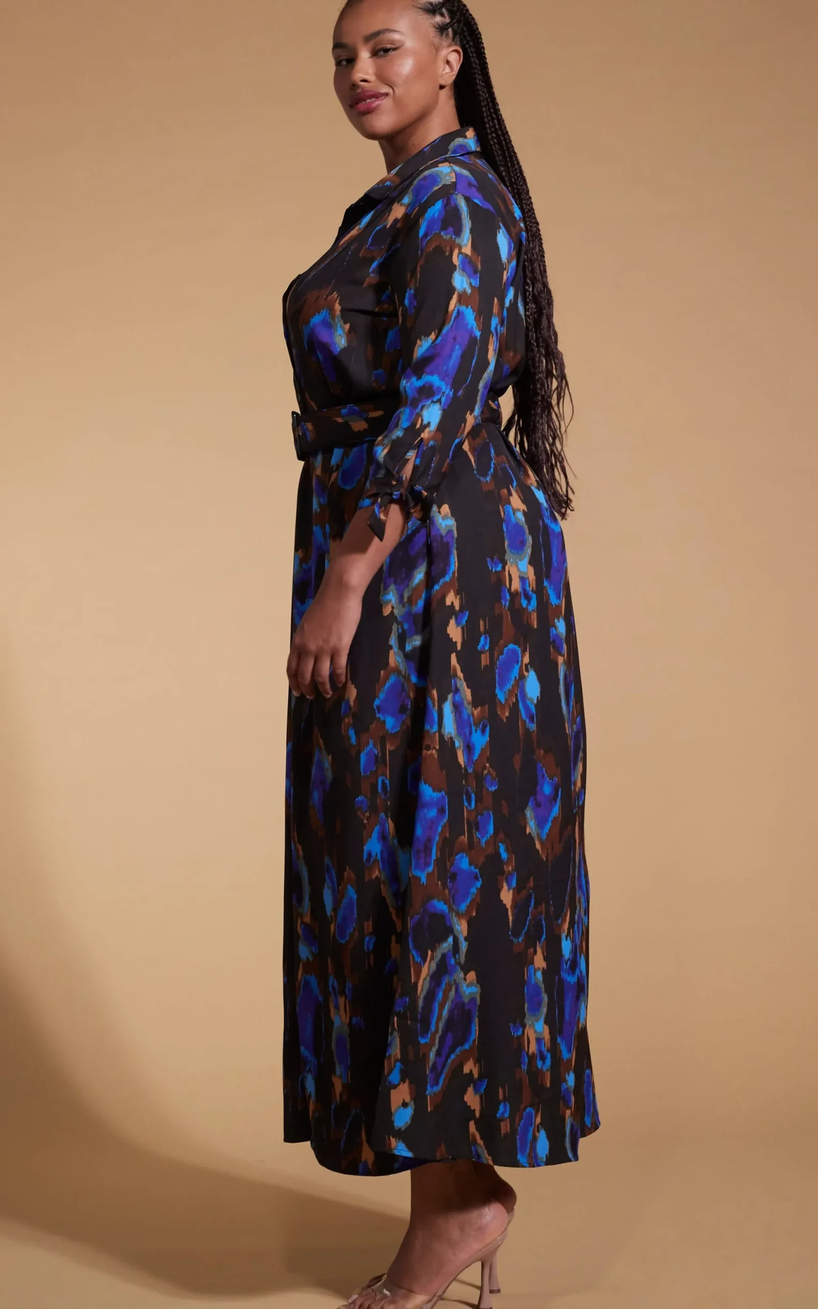 Dove Dress In Camo Abstract Blue On Black- Extended Sizing