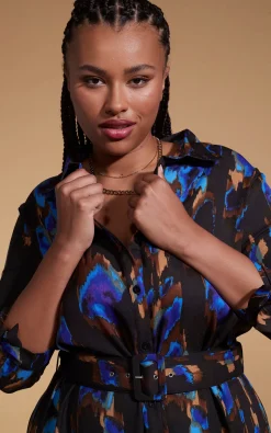 Dove Dress In Camo Abstract Blue On Black- Extended Sizing