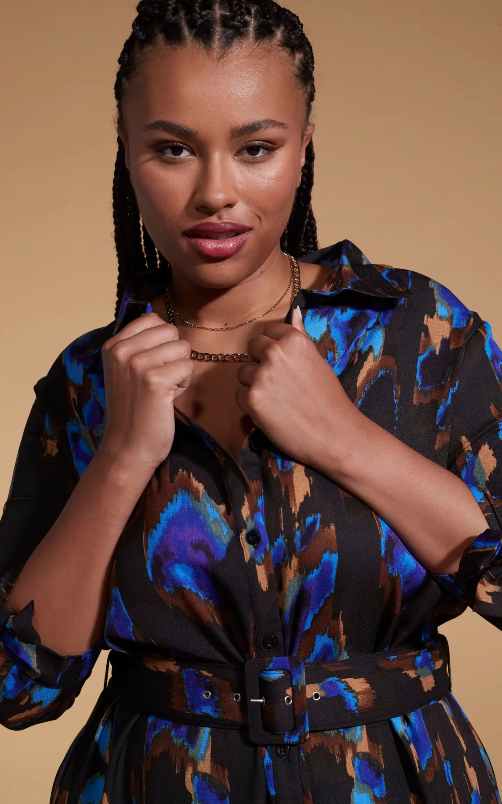 Dove Dress In Camo Abstract Blue On Black- Extended Sizing