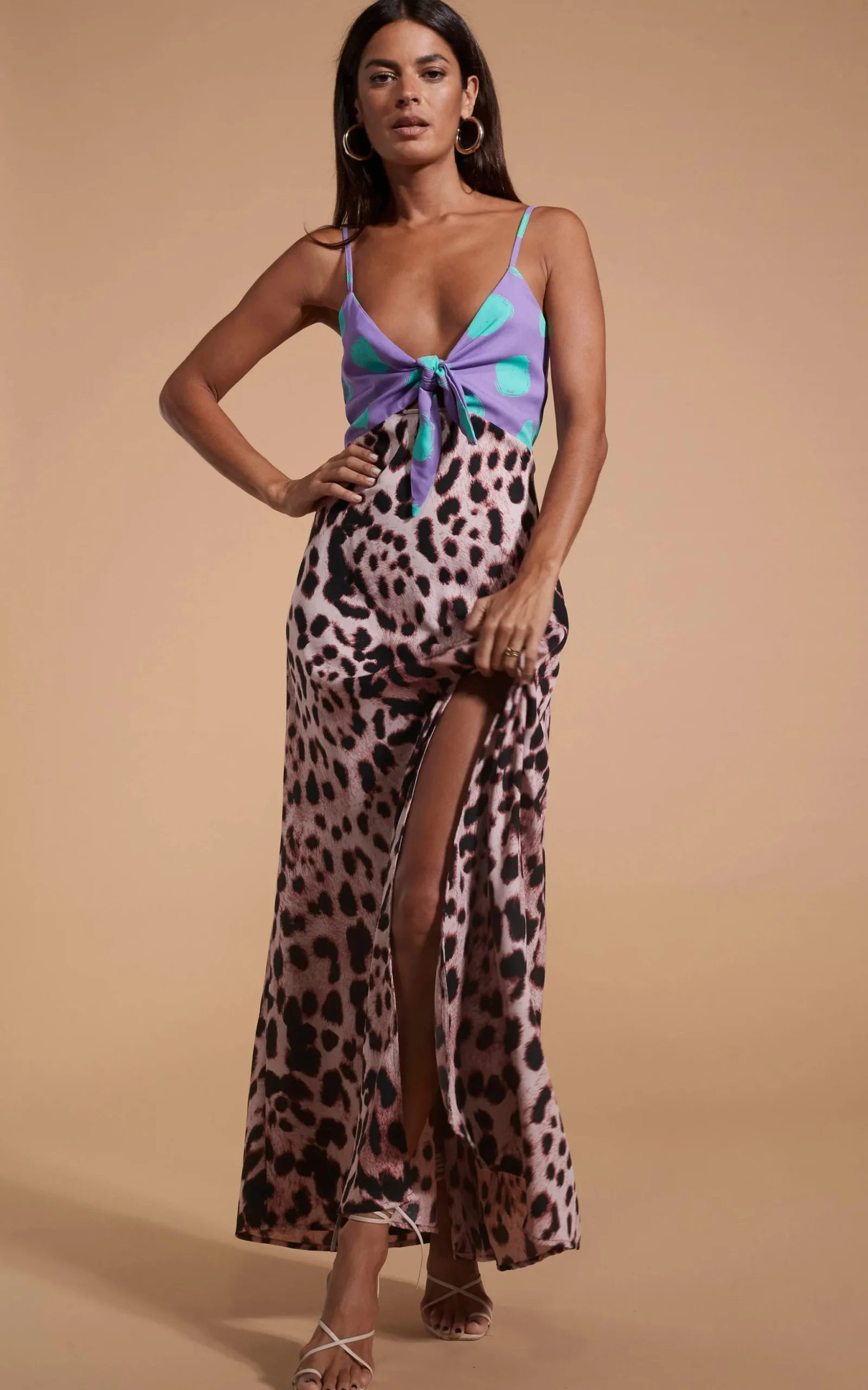 Florence Dress In Green On Purple Dot & Blush Leopard
