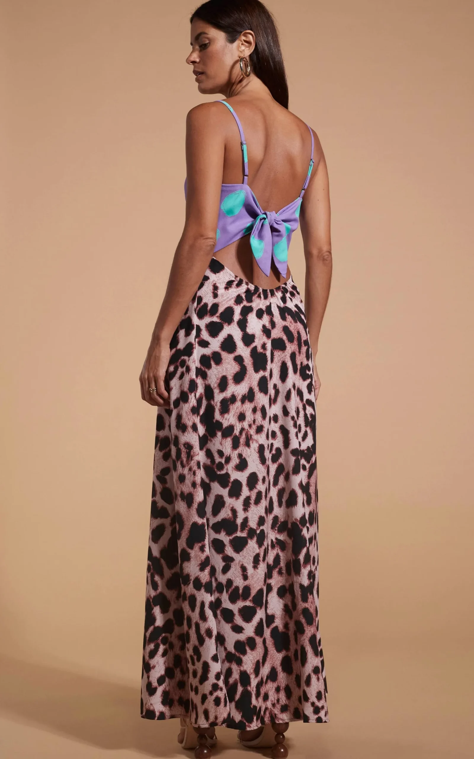 Florence Dress In Green On Purple Dot & Blush Leopard
