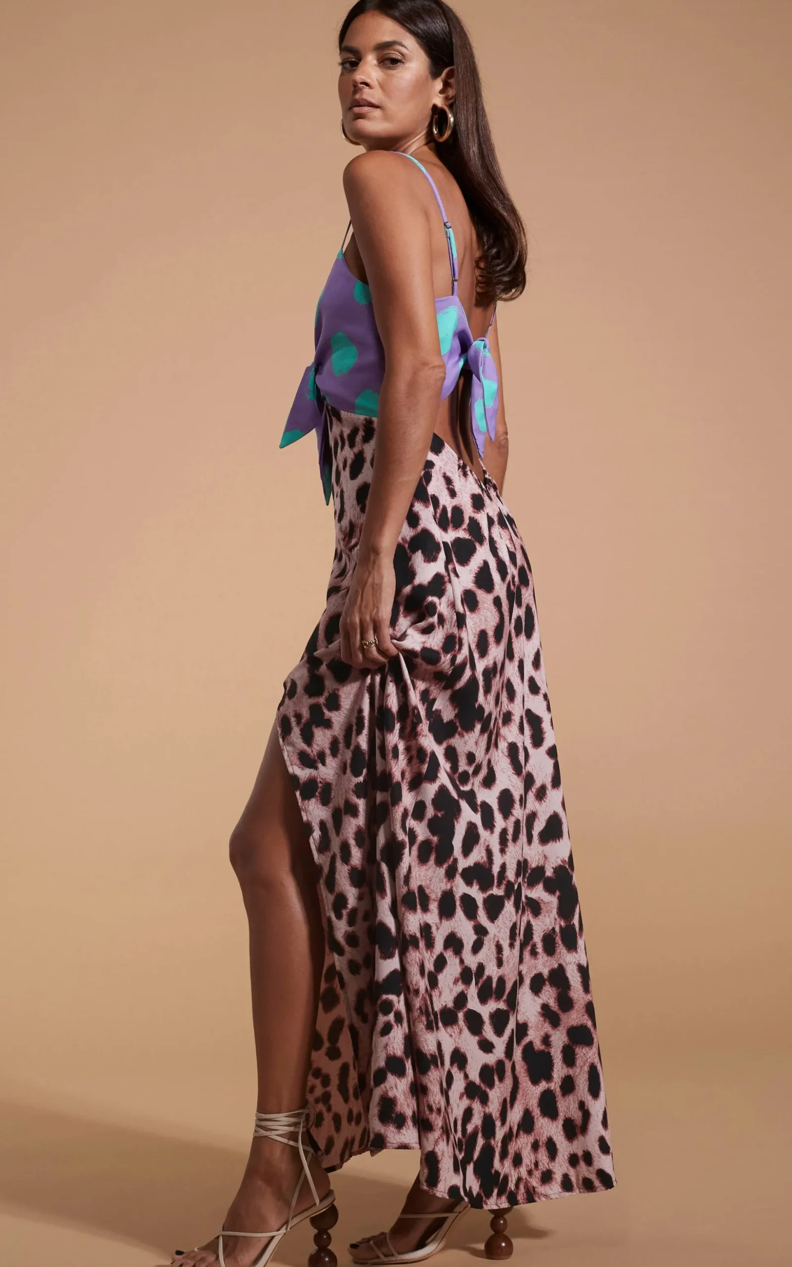 Florence Dress In Green On Purple Dot & Blush Leopard