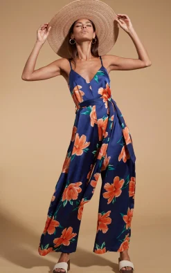Gabriella Jumpsuit In Orange On Navy Blue Tulip
