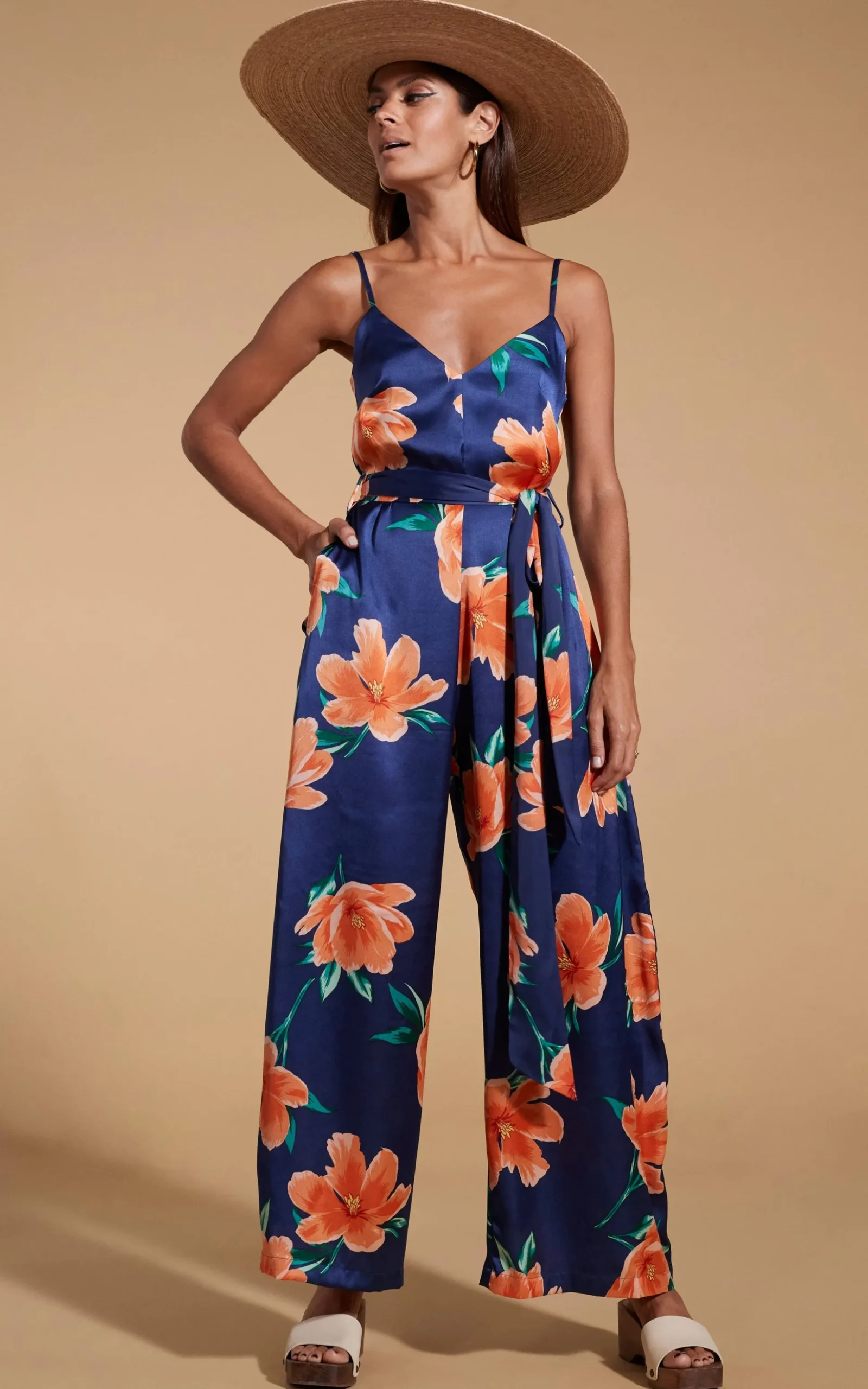 Gabriella Jumpsuit In Orange On Navy Blue Tulip