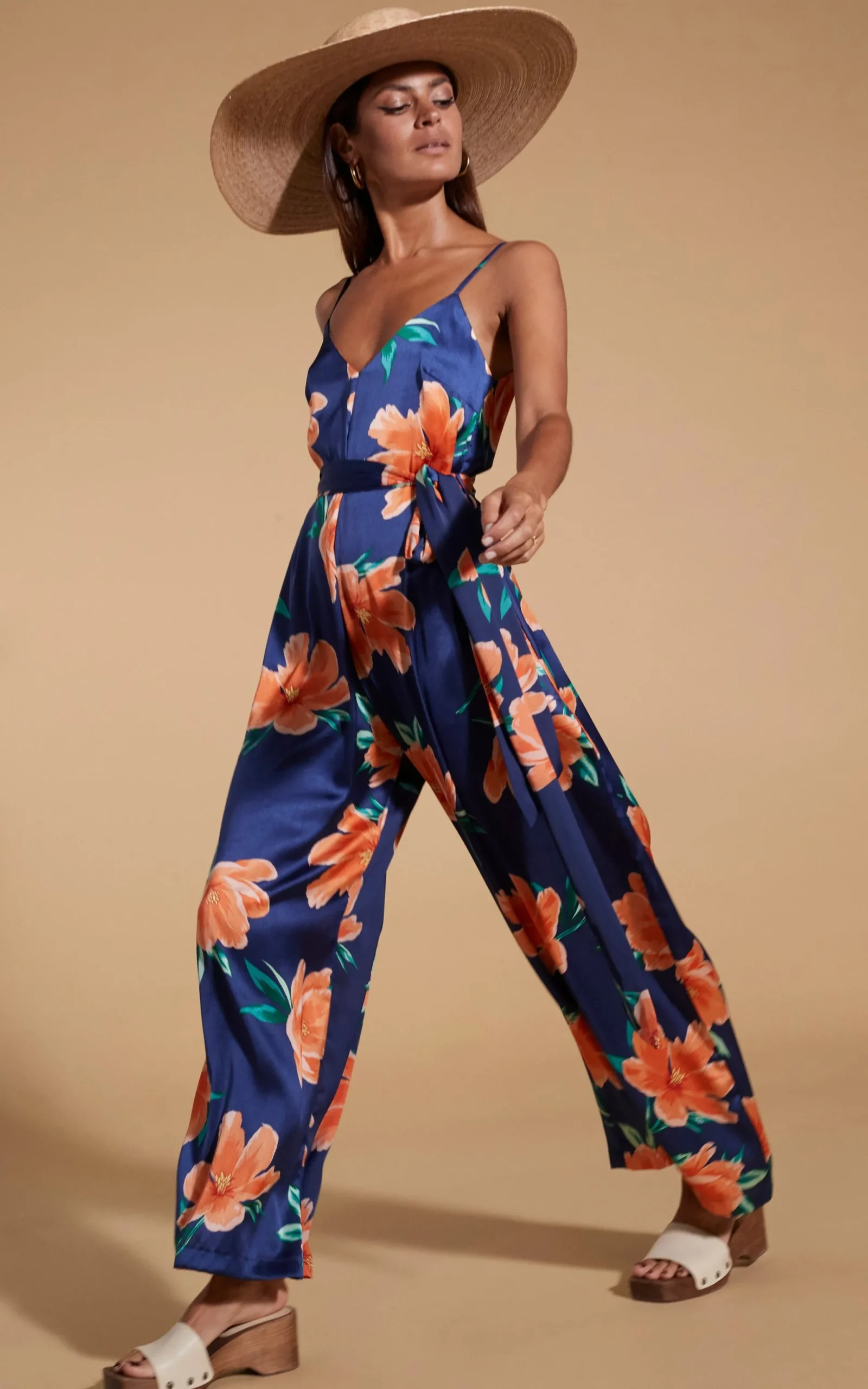 Gabriella Jumpsuit In Orange On Navy Blue Tulip