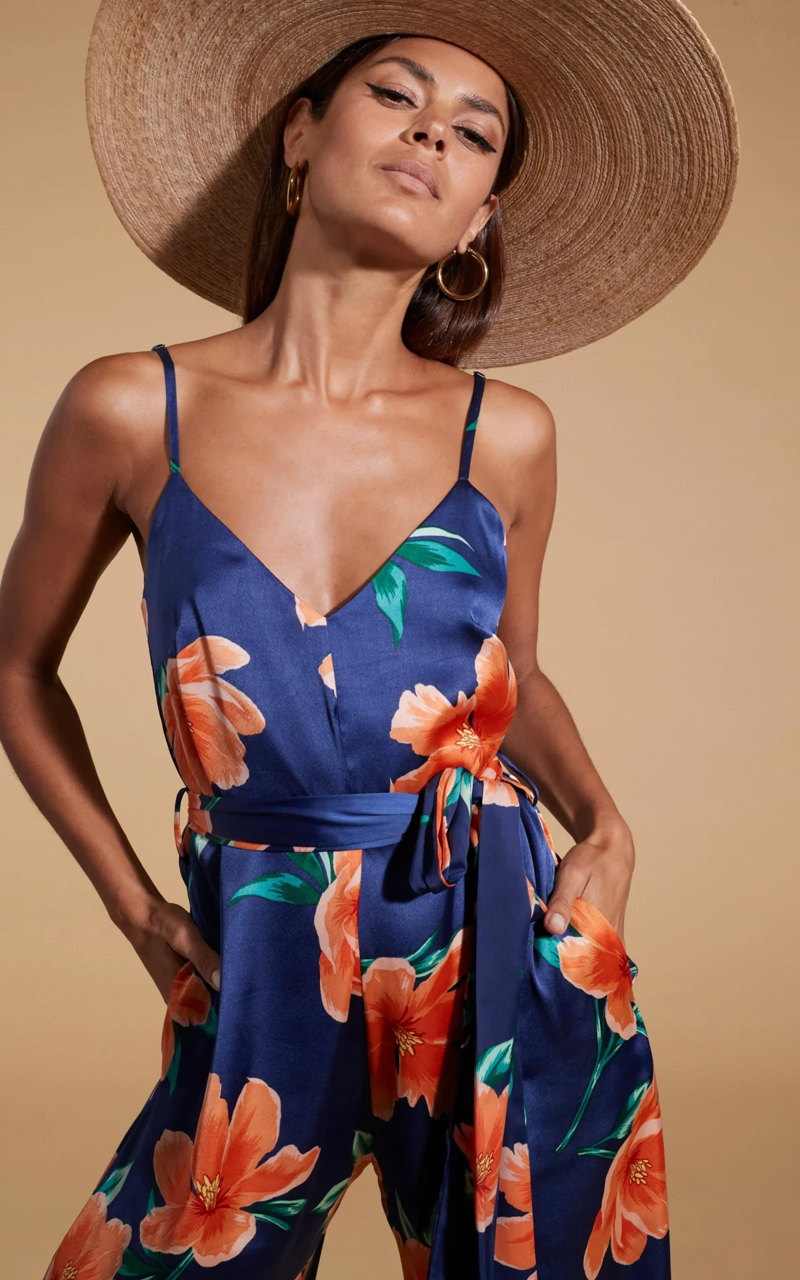 Gabriella Jumpsuit In Orange On Navy Blue Tulip