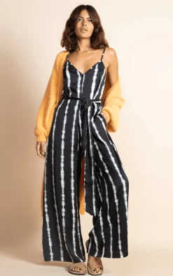 Gabriella Jumpsuit In Tie Dye Black And White Stripe