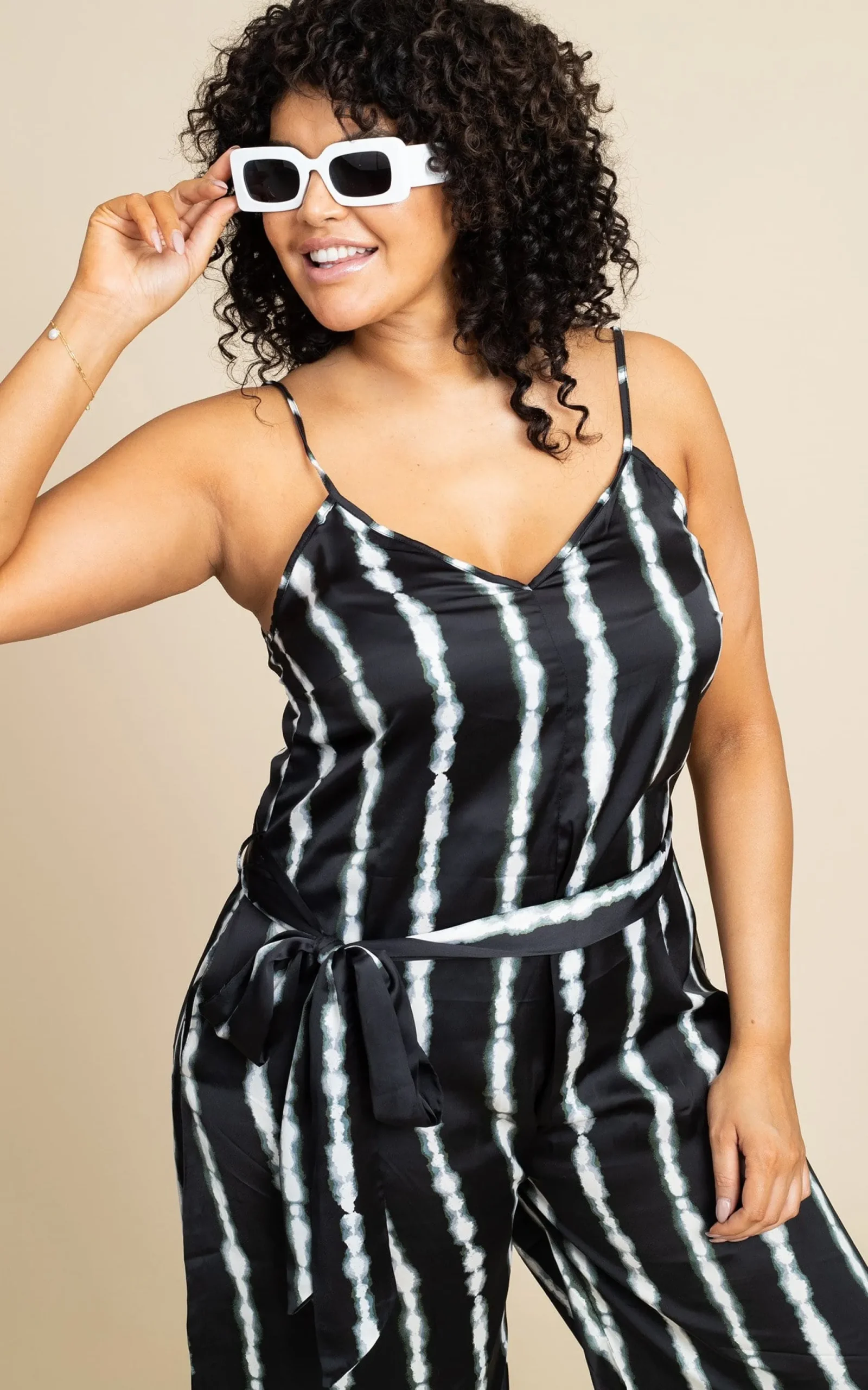 Gabriella Jumpsuit In Tie Dye Black And White Stripe