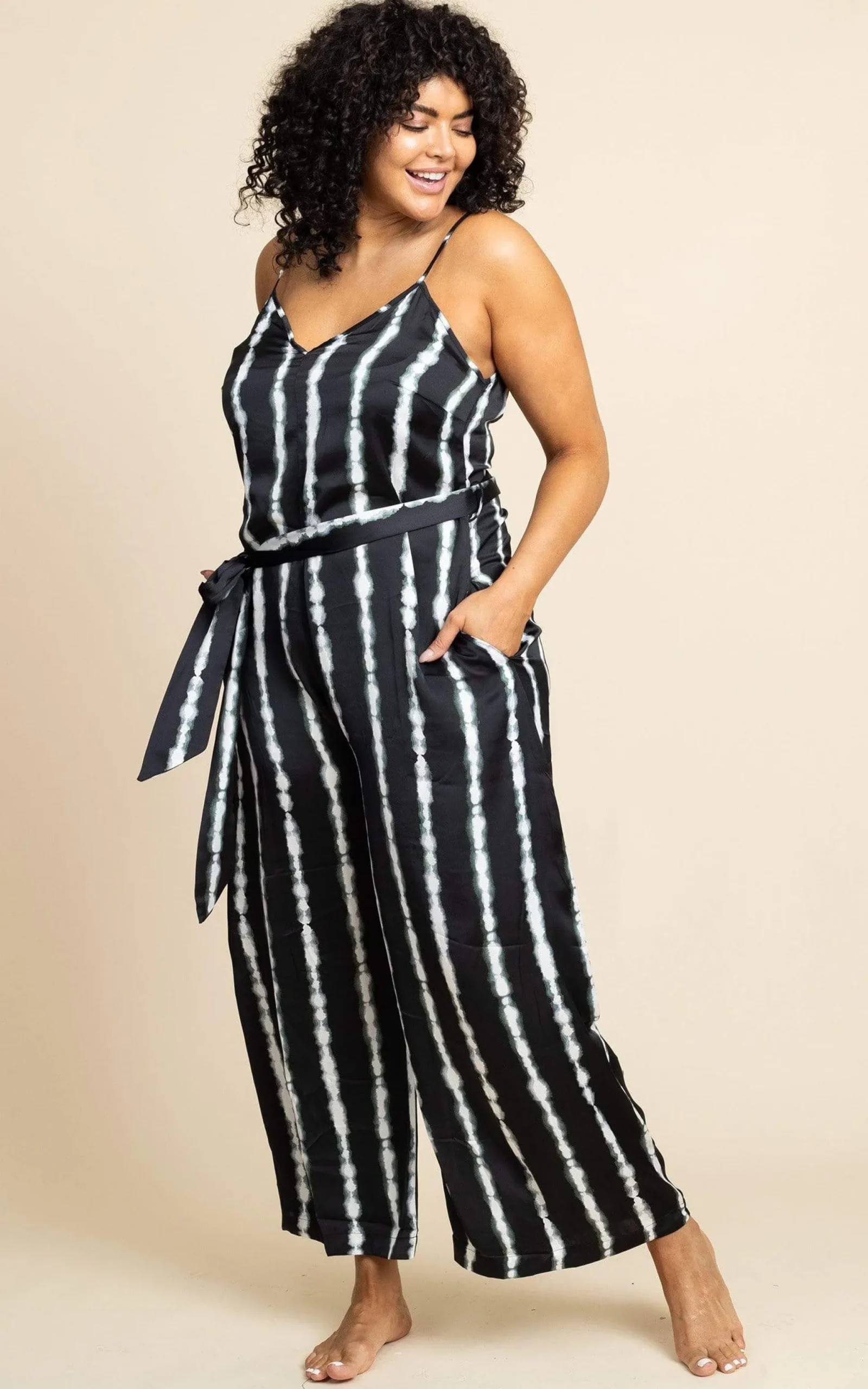 Gabriella Jumpsuit In Tie Dye Black And White Stripe