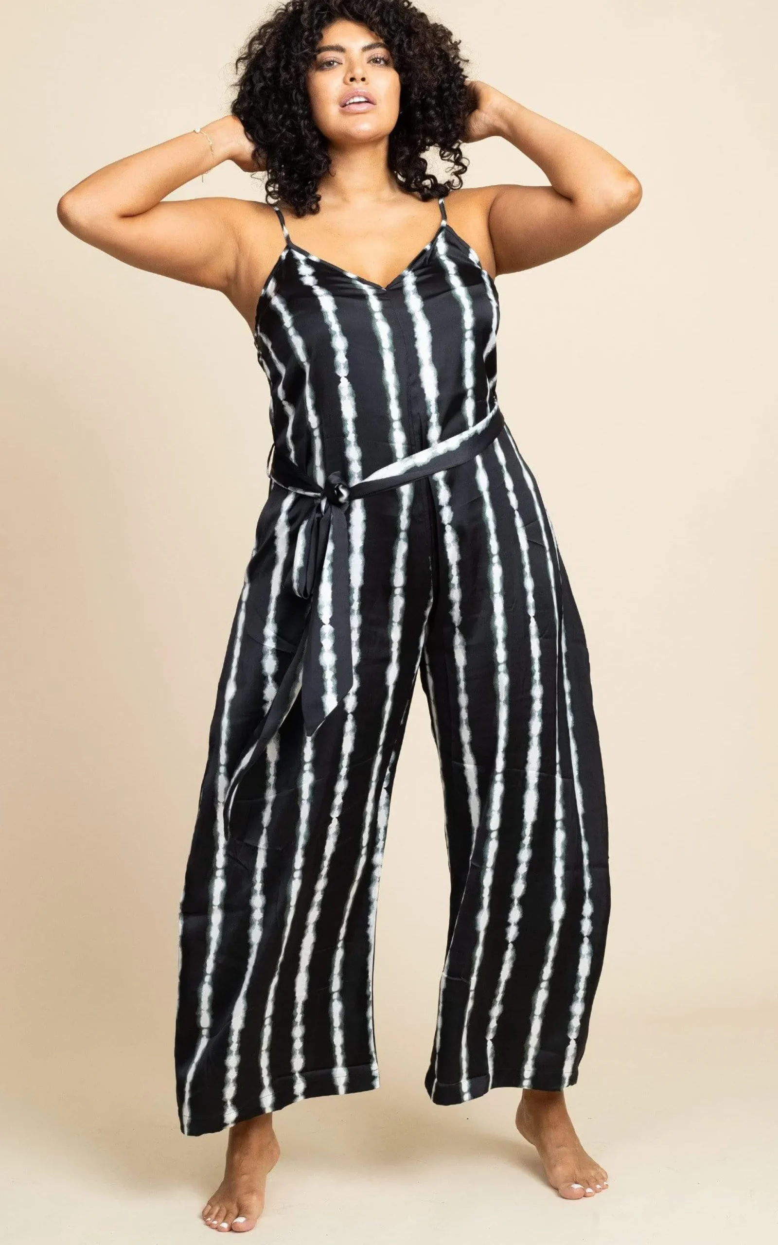 Gabriella Jumpsuit In Tie Dye Black And White Stripe