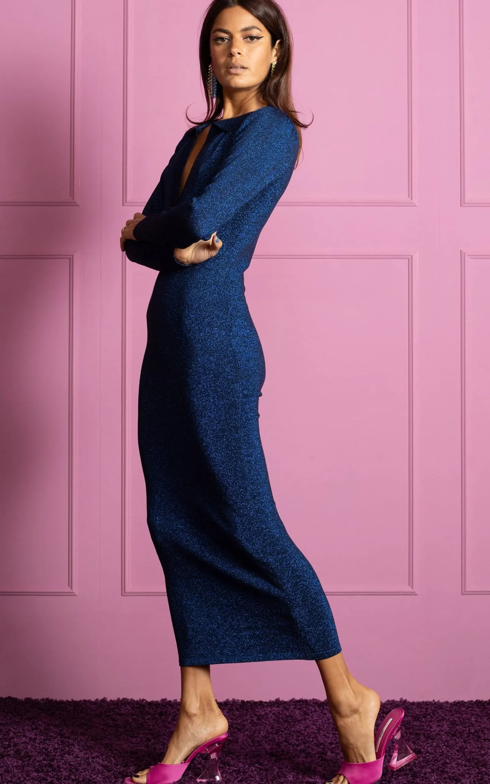 Gianna Metallic Knit Midaxi Dress In Blue