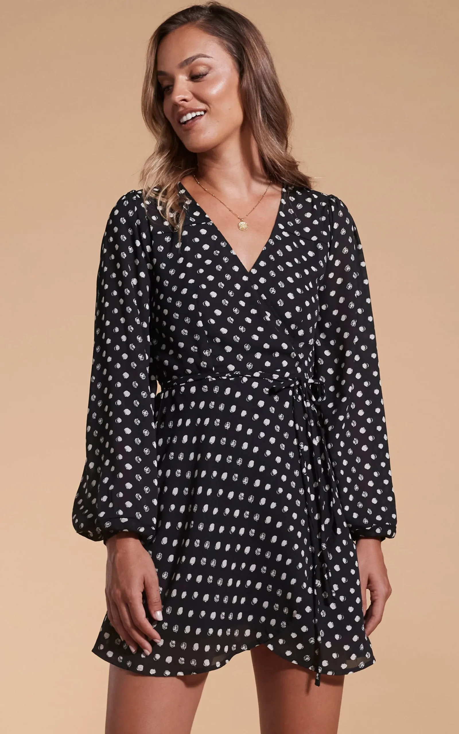 Ginger Mini Wrap Dress In Black Polka Dot