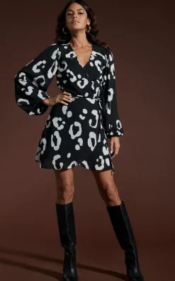 Ginger Mini Wrap Dress In Oversized Mono Leopard