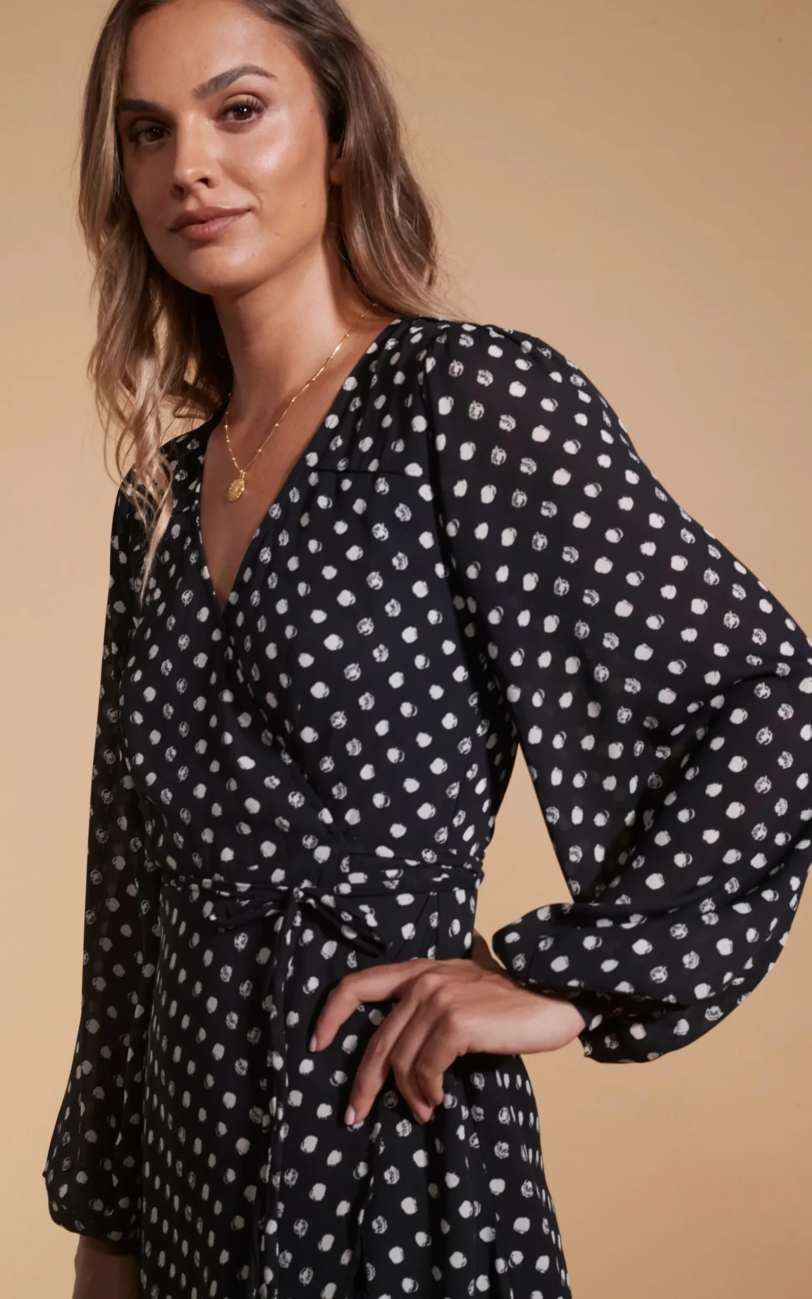 Ginger Mini Wrap Dress In Black Polka Dot