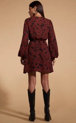 Ginger Mini Wrap Dress In Abstract Dot Black On Rust