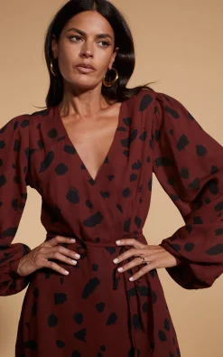 Ginger Mini Wrap Dress In Abstract Dot Black On Rust