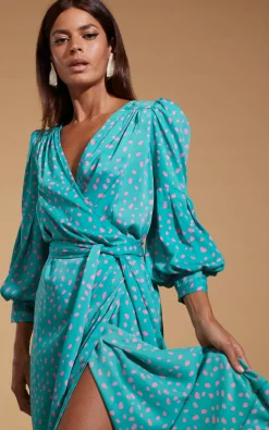 Havannah Maxi Wrap Dress In Abstract Pink On Sea Green