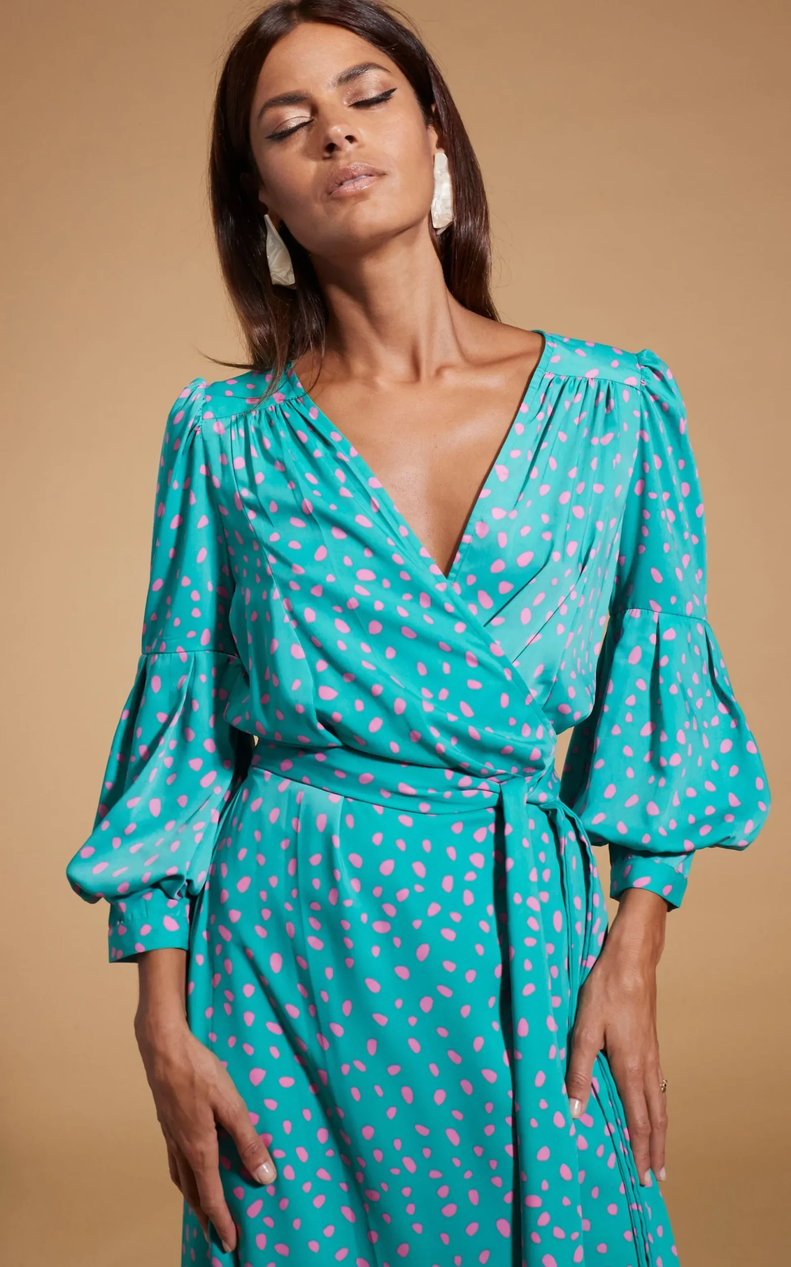 Havannah Maxi Wrap Dress In Abstract Pink On Sea Green