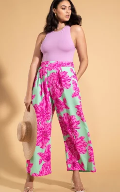 Joey Palazzo Trousers In Pink On Mint Bloom