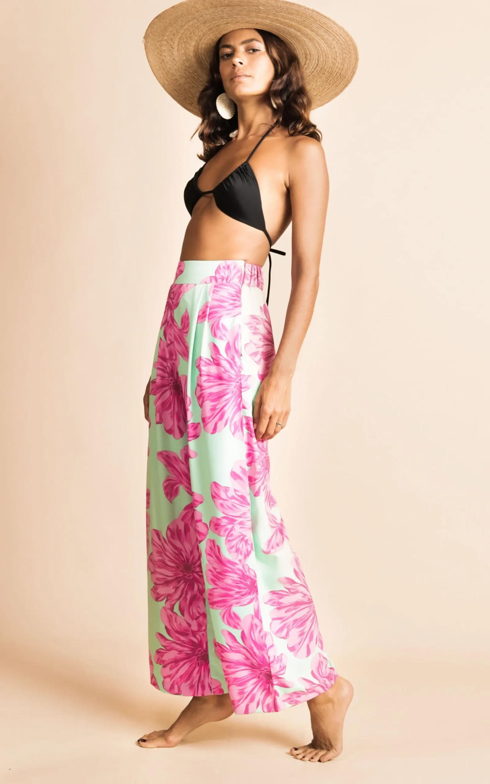 Joey Palazzo Trousers In Pink On Mint Bloom