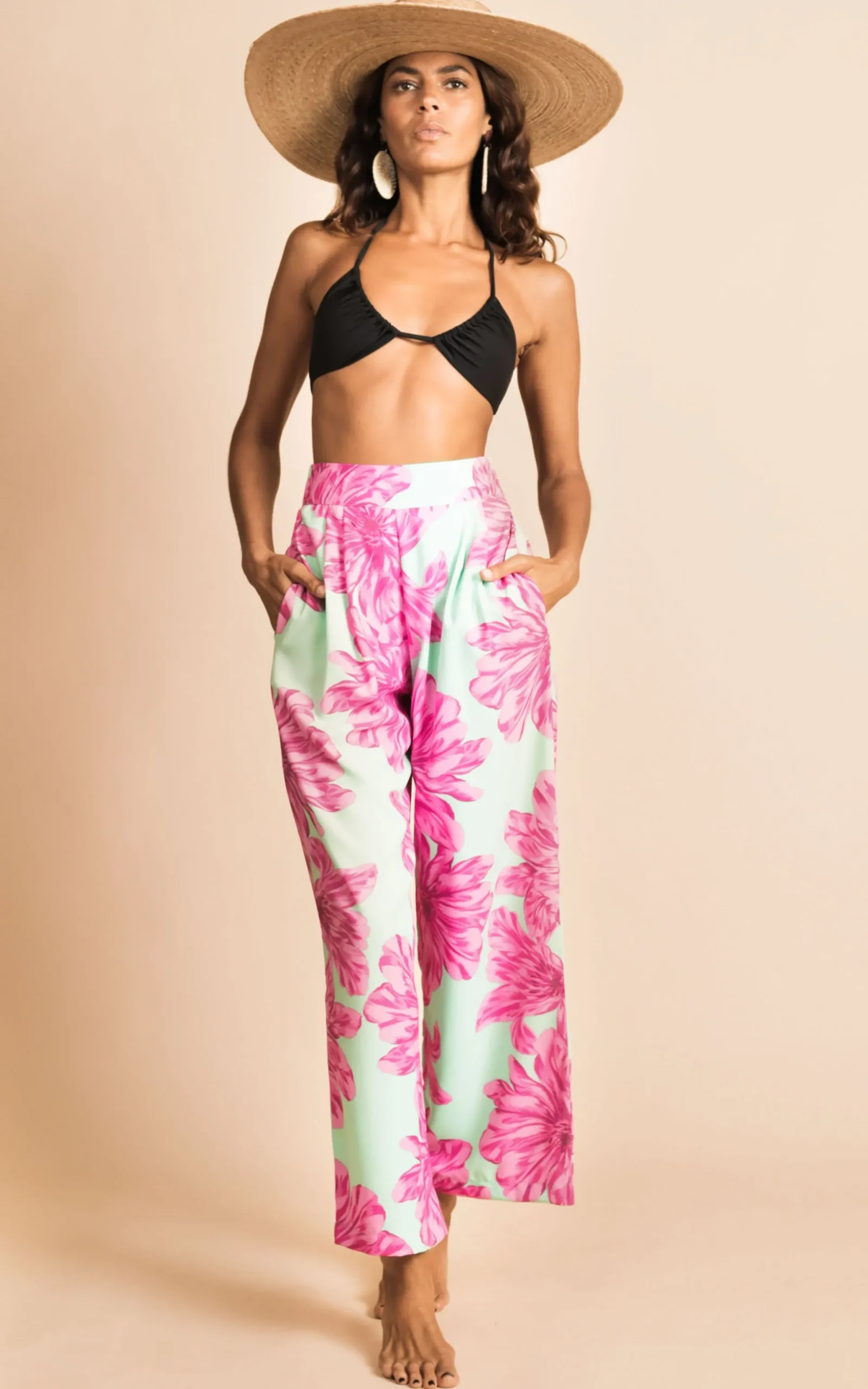 Joey Palazzo Trousers In Pink On Mint Bloom