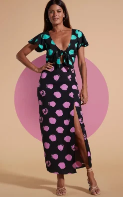 Lily Dress In Green On Black Dot & Pink On Black Dot