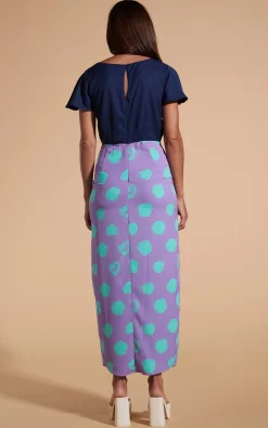 Lily Dress In Navy & Green On Purple Dot
