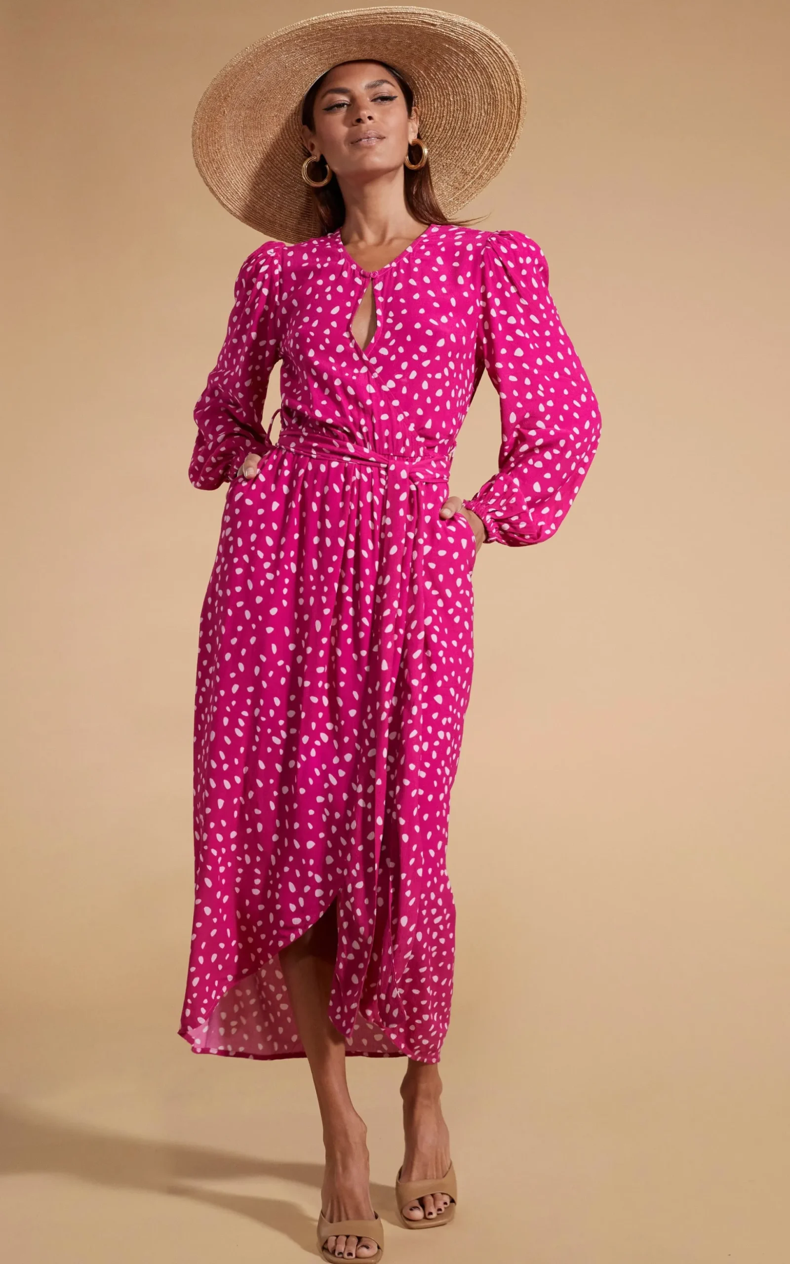 Mabel Midaxi Mock Wrap Dress In Odd Dot Pink On Magenta