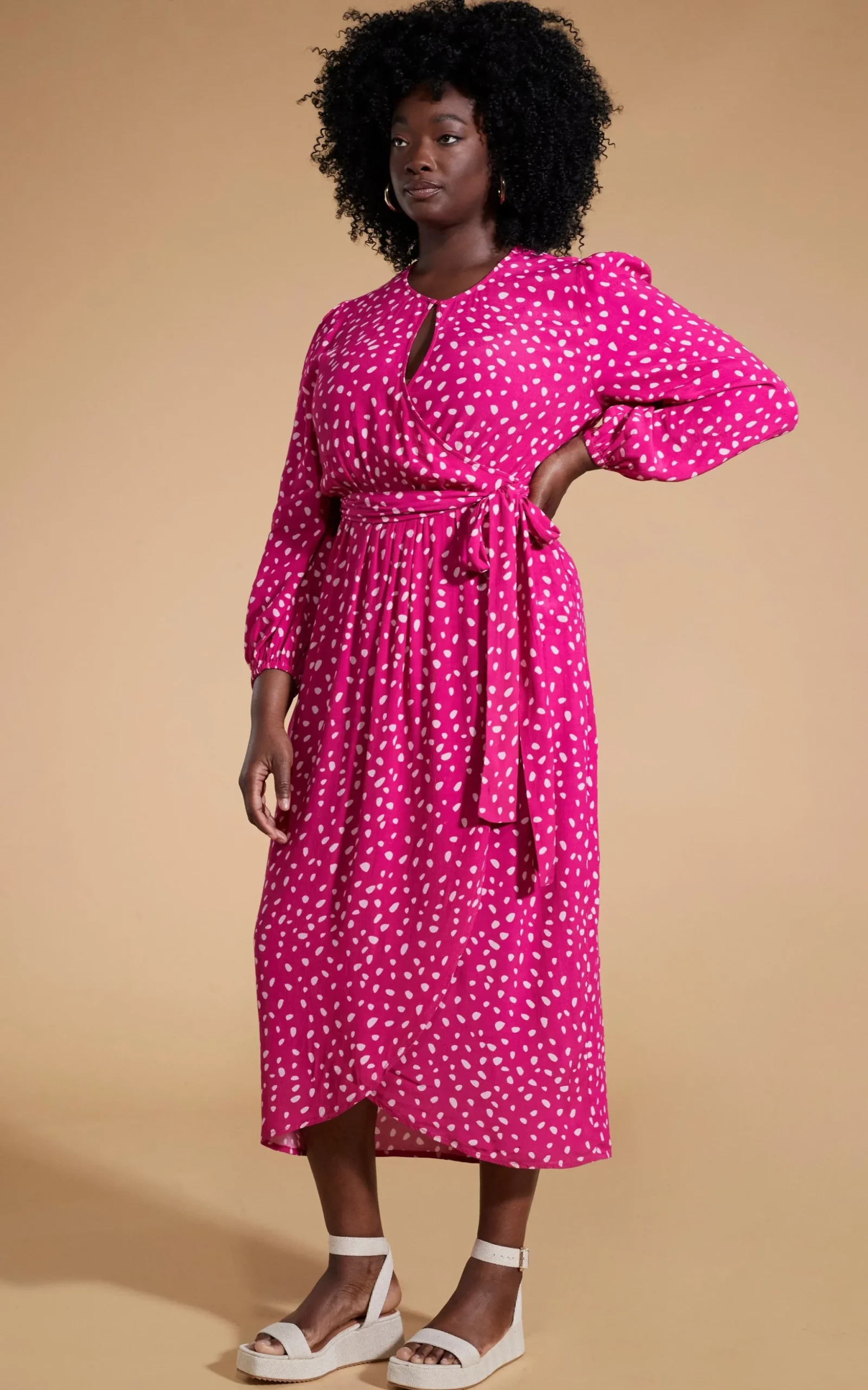 Mabel Midaxi Mock Wrap Dress In Odd Dot Pink On Magenta