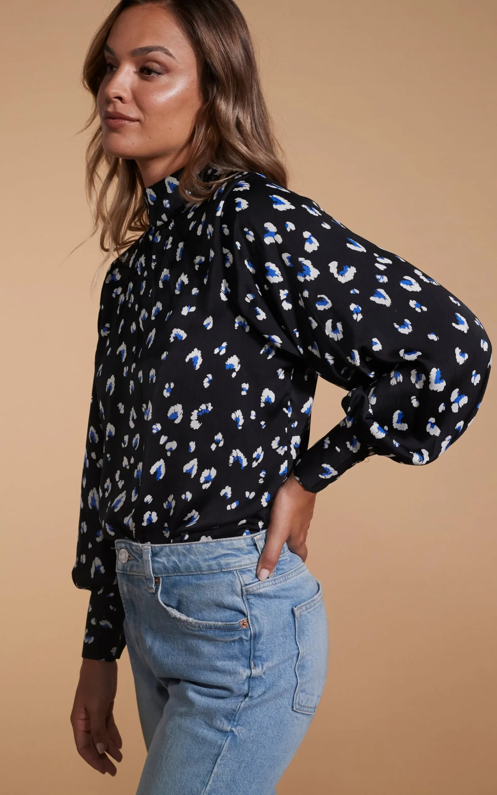 Margo Pintuck Blouse In Abstract White On Black Leopard