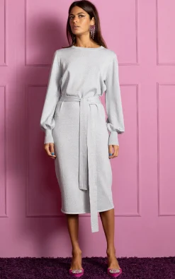 Memphis Metallic Knit Midi Dress In Silver