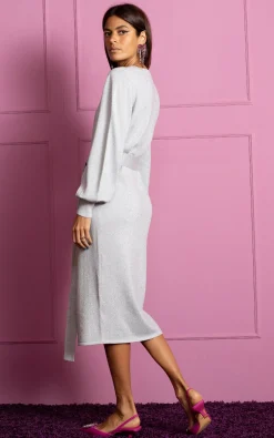 Memphis Metallic Knit Midi Dress In Silver